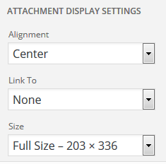 How WordPress shows its attachment display settings for images.