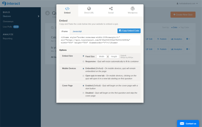 Publish options for Interact Quiz