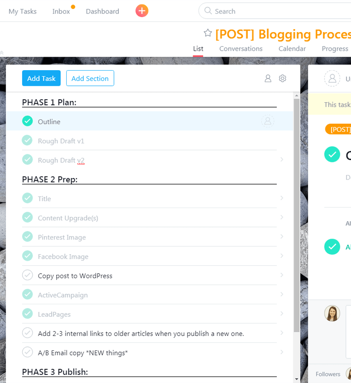 Finished tasks in Asana project
