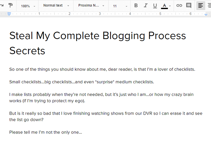 Steal My Complete Blogging Process Secrets post in Google Docs